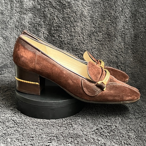 1970s GUCCI Brown Suede Shoes Heels Loafers Block Heel GOLD ROPE US 6.5 7 EU 37 - Picture 1 of 16
